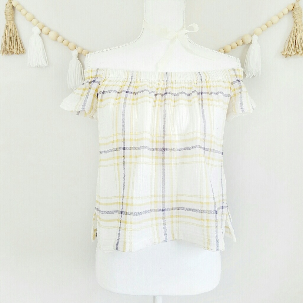 Cloth & Stone White Plaid Off the Shoulder Top EUC